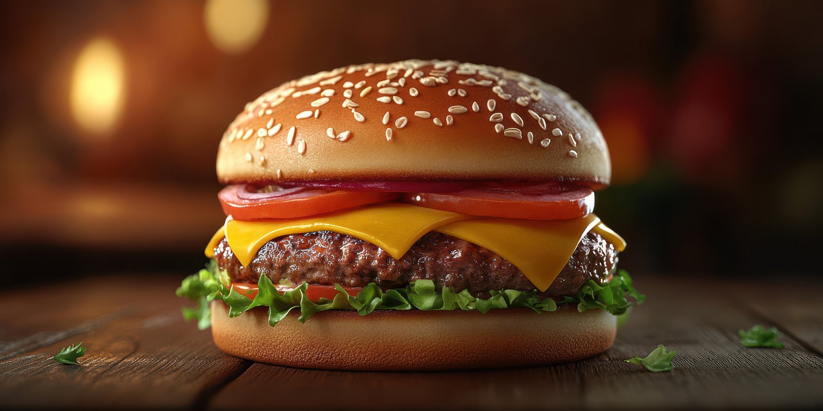 Juicy cheeseburger served with fresh lettuce, tomato, and cheddar in a sesame seed bun on a rustic wooden table